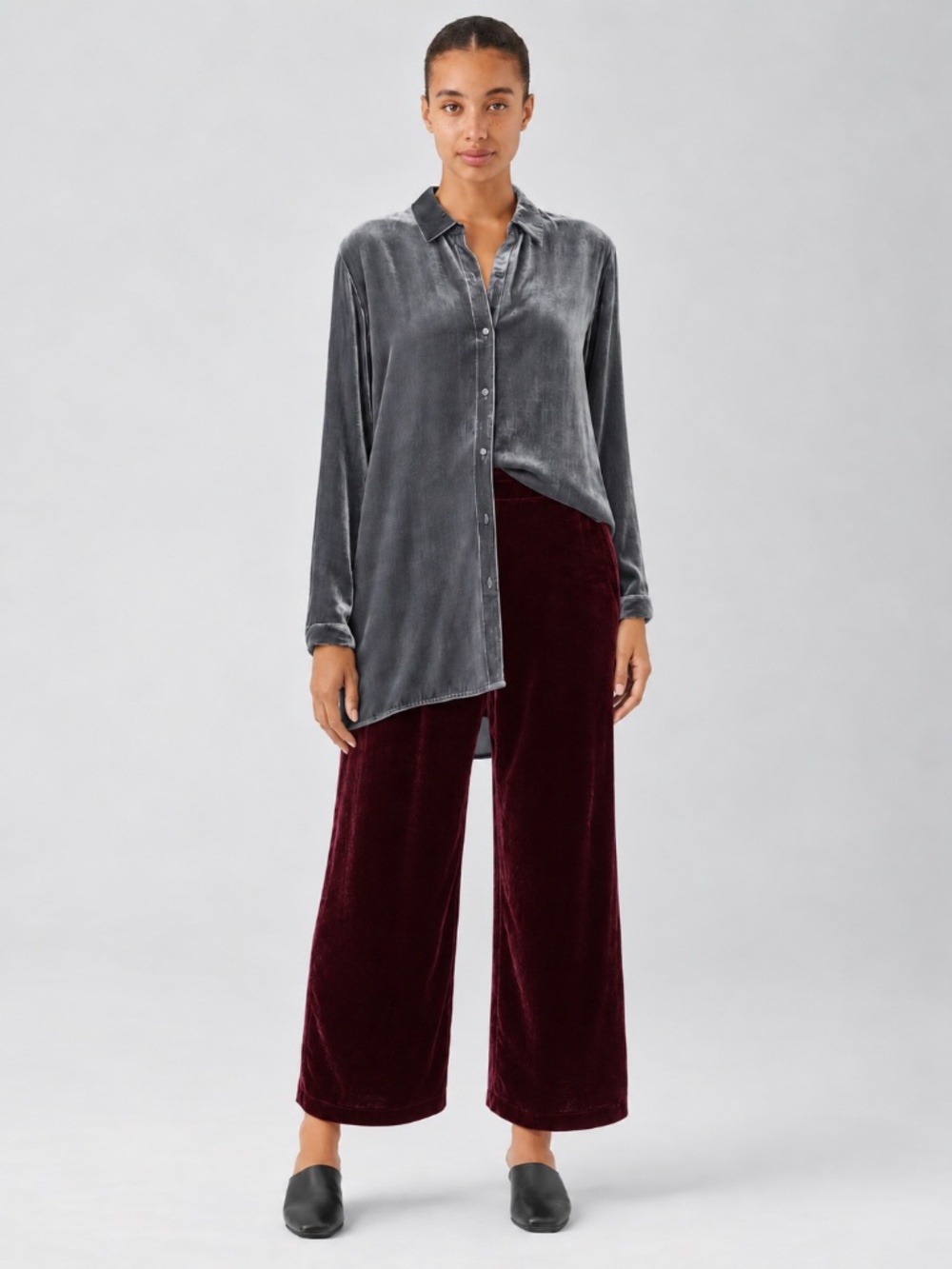 Eileen Fisher Burgundy Velvet Wide-Leg Pull on Pant Size XL silk blended